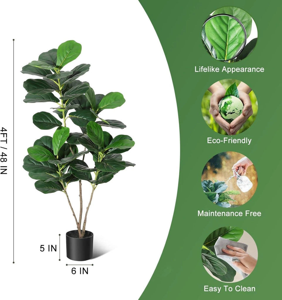 Ficus Lyrata Artificiale 122 cm con Vaso Bianco Decorativo per Salotto e Camera
