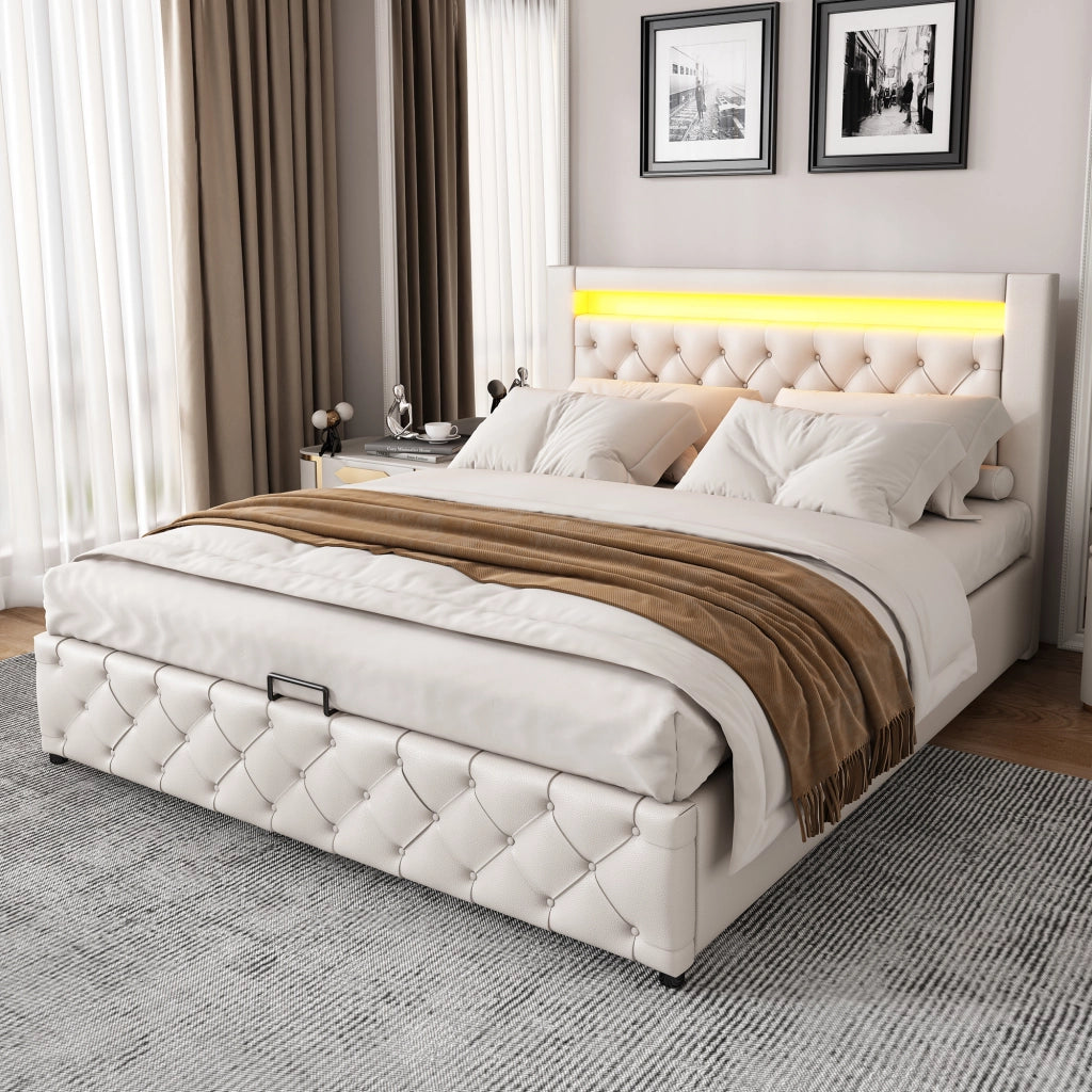 Letto matrimoniale imbottito 160 × 200 cm con contenitore LED in PU bianco rete a doghe e testiera alta