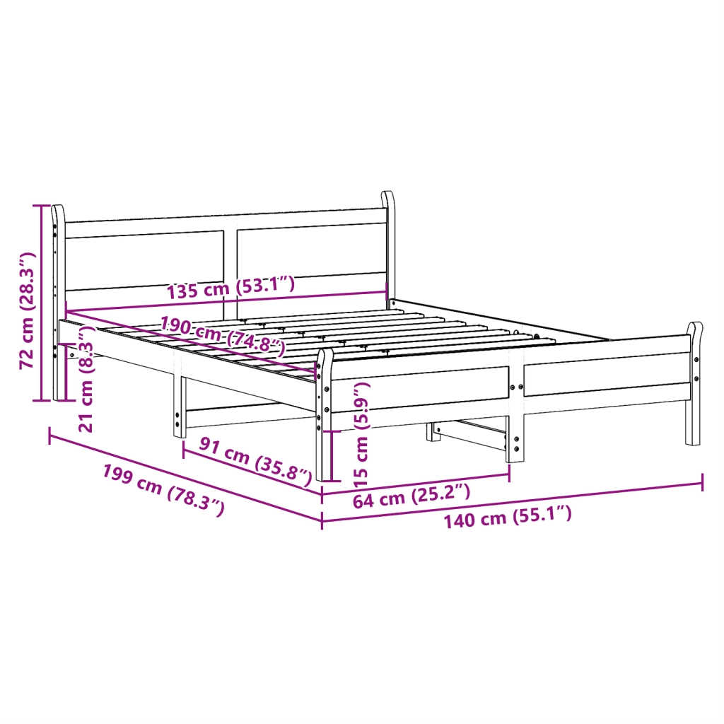 Letto senza Materasso-Struttura Letto Marrone Cera 135x190 cm in Legno di Pino 644478