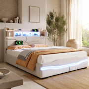 Letto contenitore 140 × 200 cm con sollevamento idraulico; testiera con vano; LED; USB e Type-C; beige