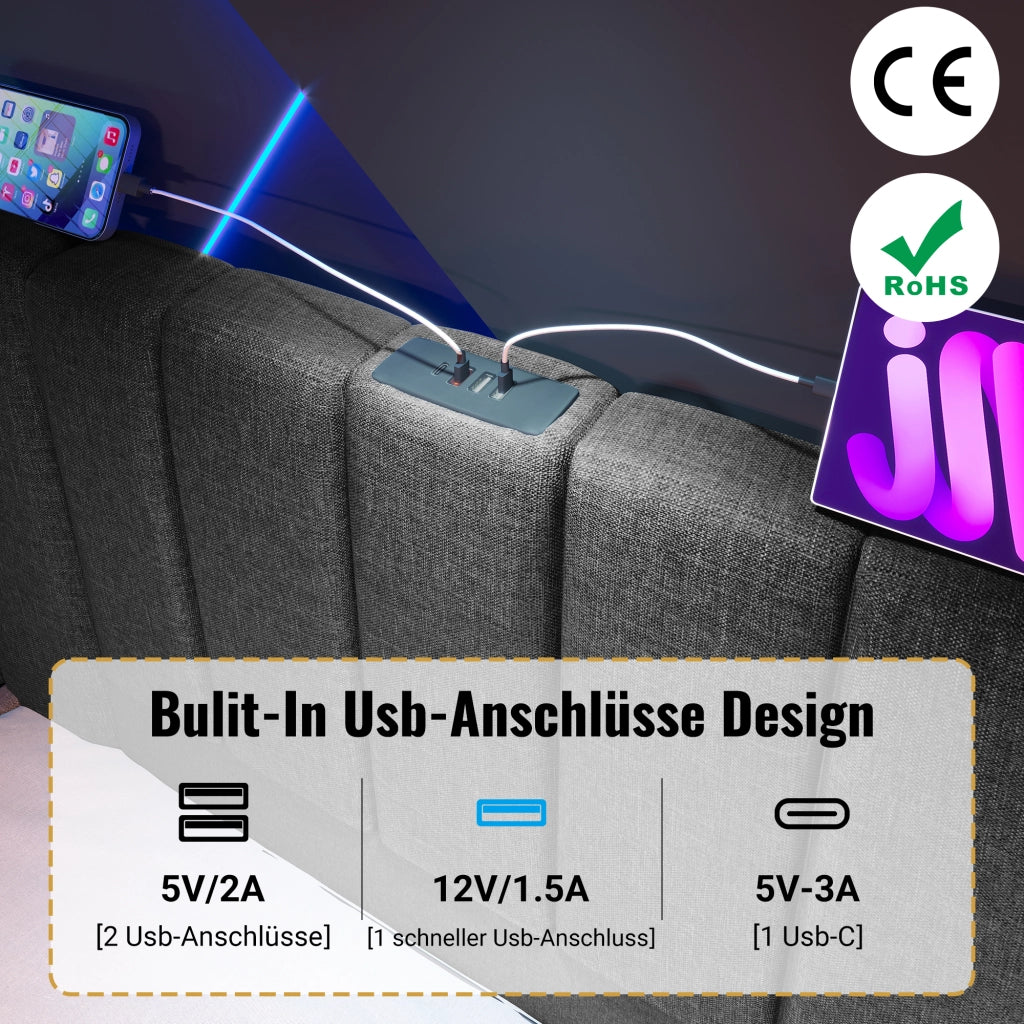 Letto imbottito con LED, USB-C e contenitore, 180x200 cm, lino grigio