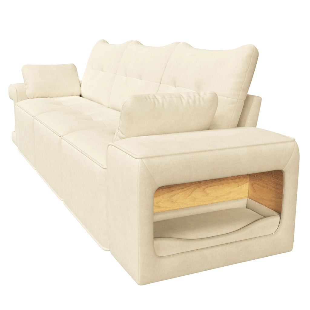 Divano modulare 3 posti in velluto beige con braccioli larghi, area per animali integrata, spazio contenitore e due cuscini