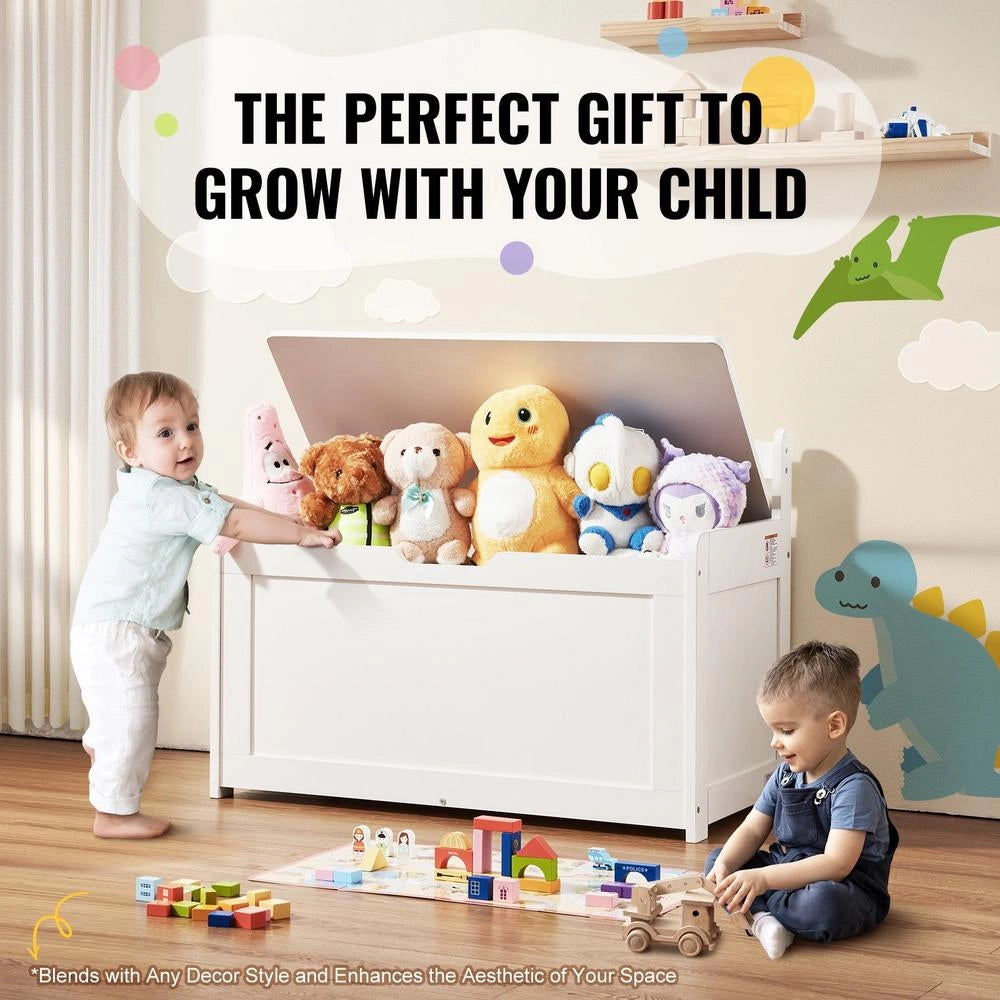 Baule Portagiochi Legno Bambini 830x455x609mm Panca Coperchio Ribalta Cerniera Sicurezza Sala Giochi Bianco