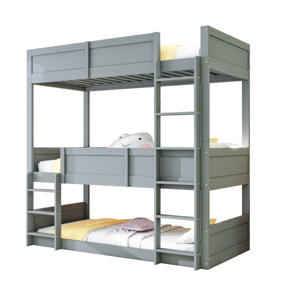 Letto a castello triplo per bambini 90 × 200 cm in legno grigio modulare con sponde alte e tre posti letto