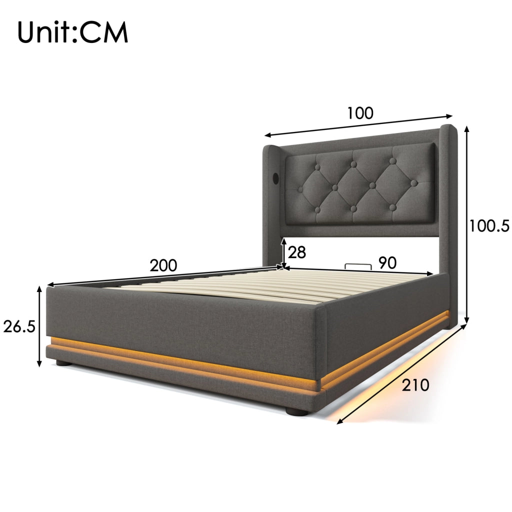 Letto singolo imbottito con contenitore 90x200 cm; cotone grigio; LED e USB Type-C