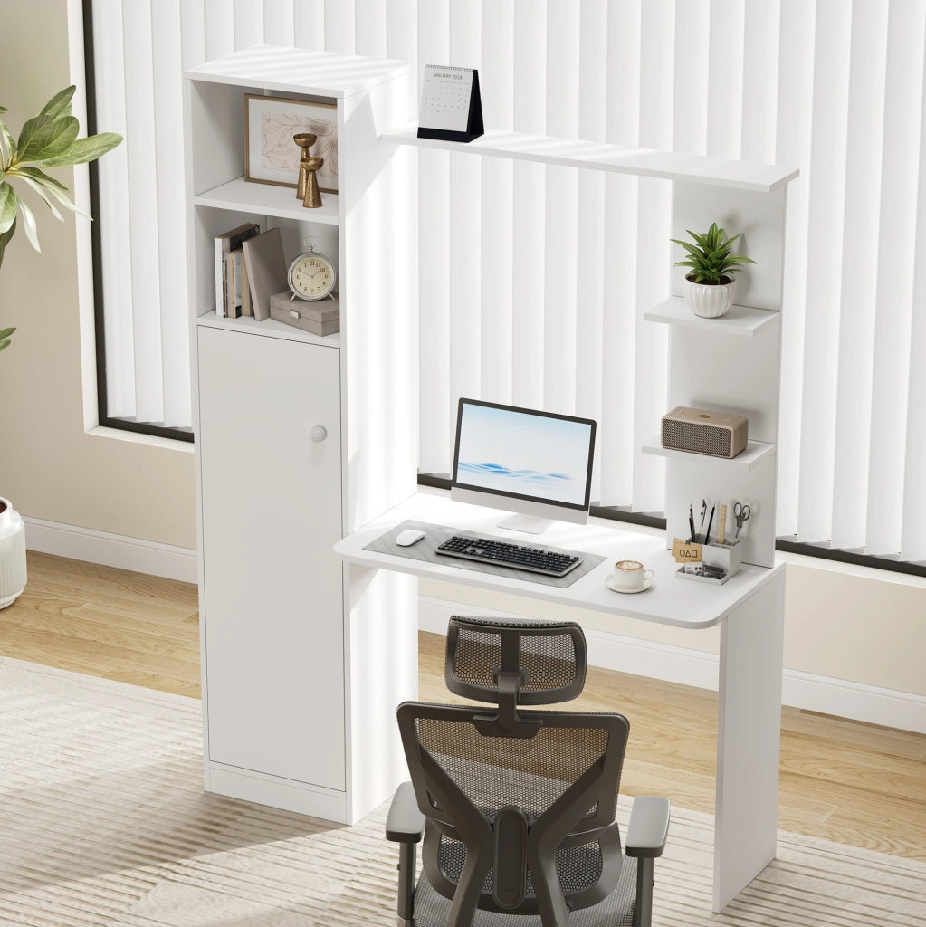 Scrivania multifunzione con armadio e scaffali in MDF bianca