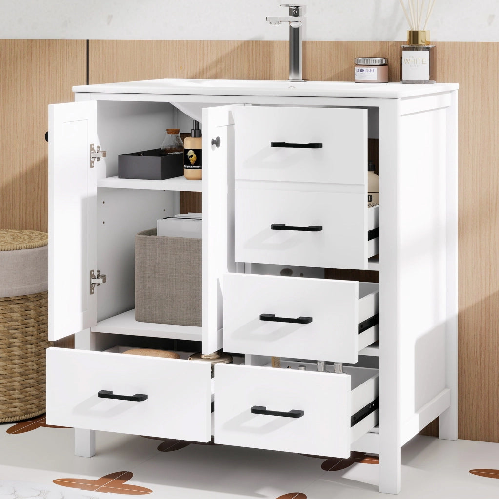 Mobile bagno bianco 76x46x82 cm in MDF con lavabo integrato in ceramica e ampi spazi contenitivi