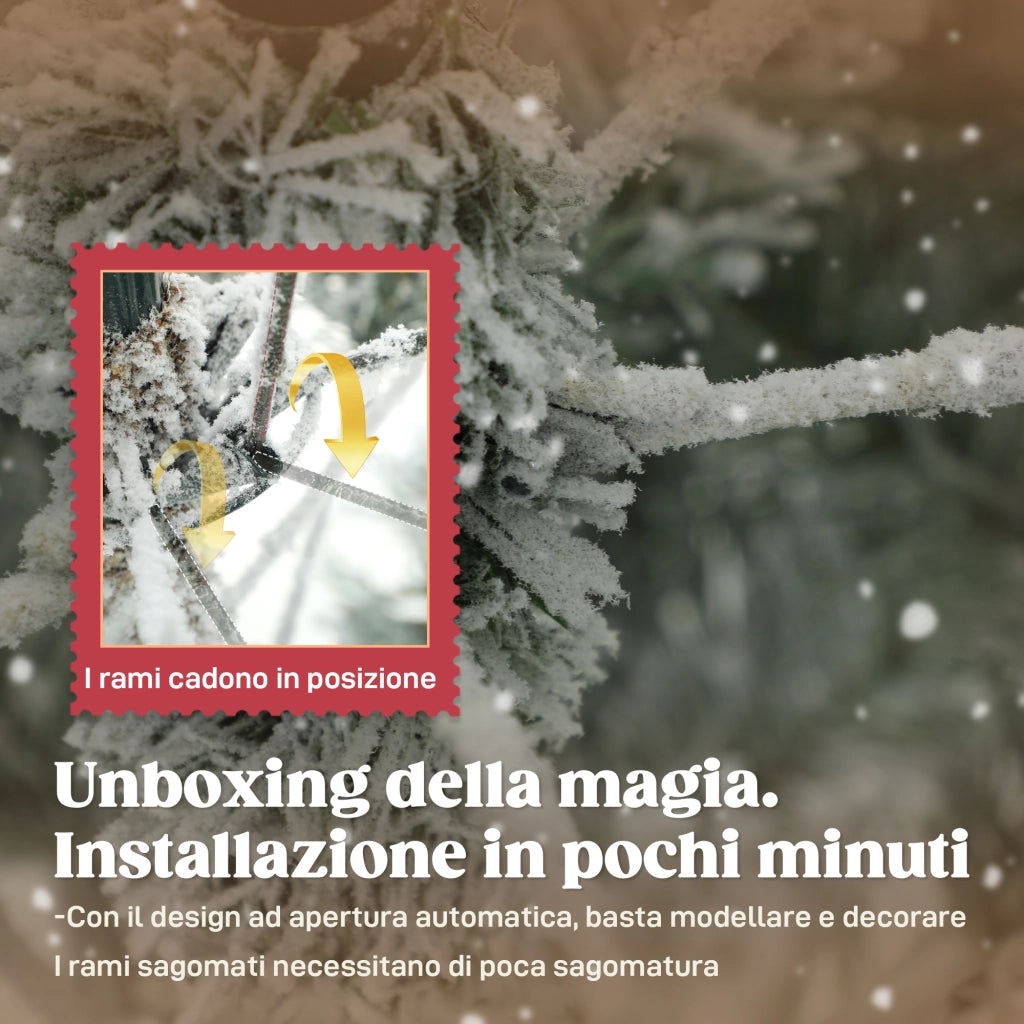 Albero di Natale Innevato Artificiale 210 cm con Base in Metallo Pieghevole Rami Realistici Facile da Montare per Casa
