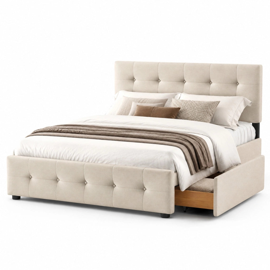 Letto imbottito con testiera; 4 cassetti e rete a doghe; beige