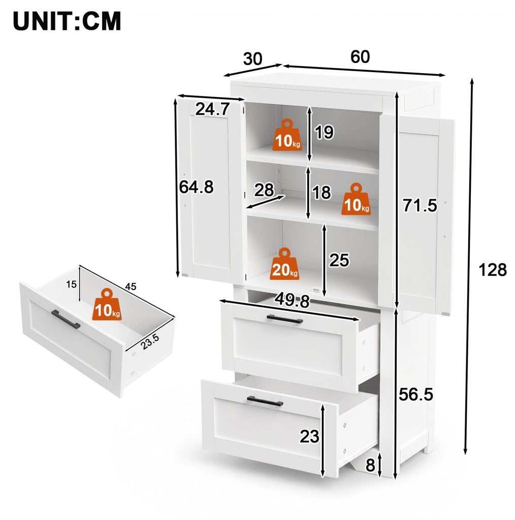 Credenza alta 60x30x128 cm con 2 cassetti e ripiani regolabili in MDF e truciolare; bianca