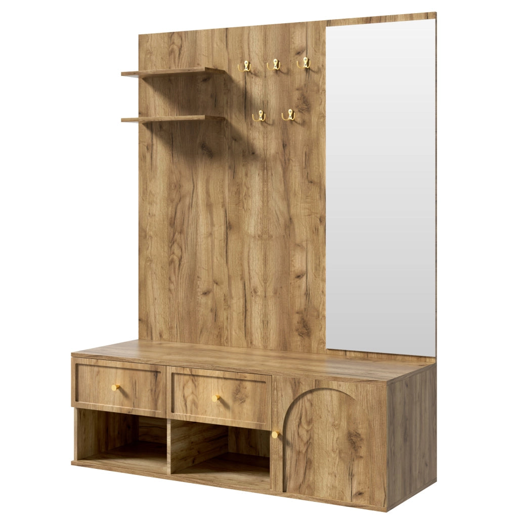 Set guardaroba da ingresso ULEVR 120x35x159 cm con specchio, 5 ganci, 2 cassetti e scarpiera effetto legno