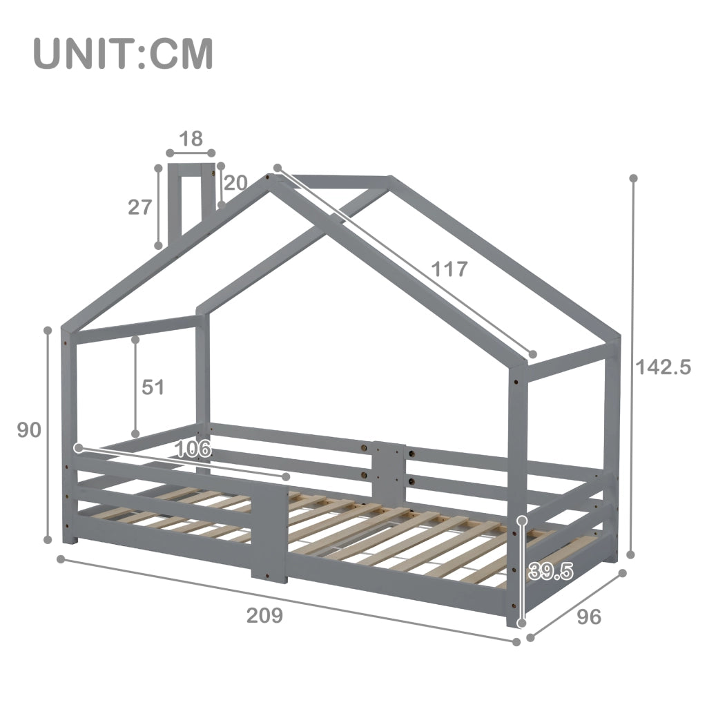 Letto a casetta 90 × 200 cm con protezione anticaduta e 15 doghe in legno grigio senza materasso