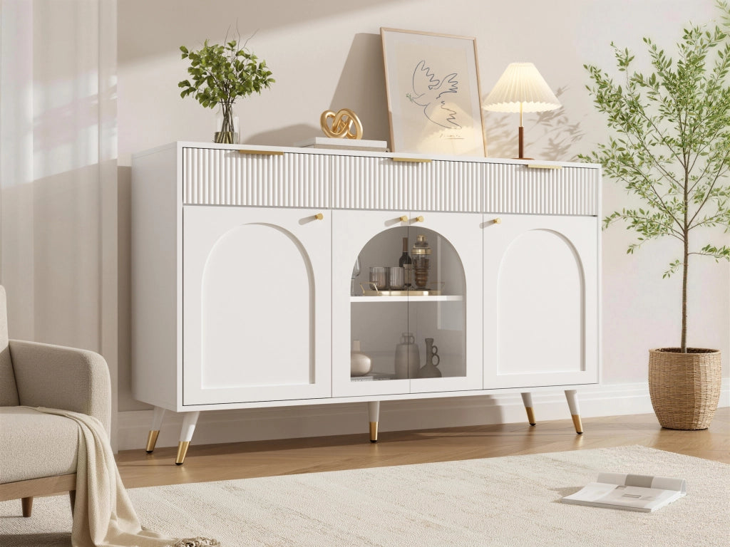 Credenza 4 ante e 3 cassetti con inserti in acrilico trasparente per soggiorno e sala da pranzo in MDF bianca