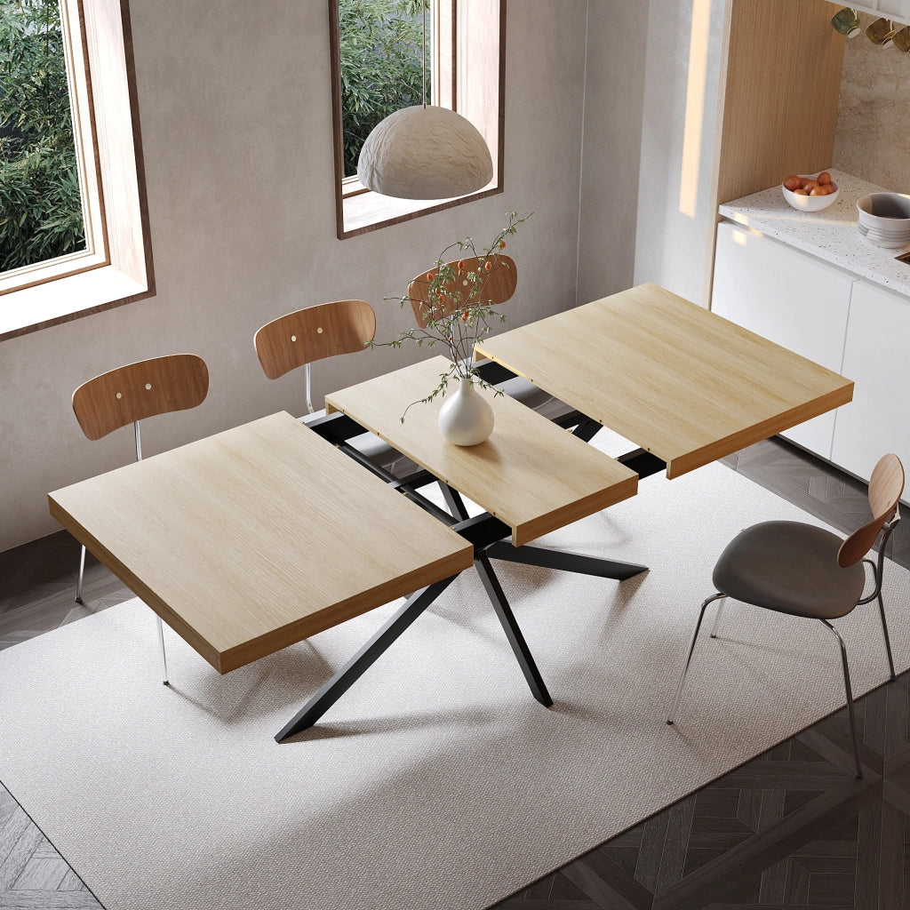 Tavolo allungabile da pranzo con vano contenitore piano in MDF naturale base in metallo nero 140-180 × 80 × 76 cm