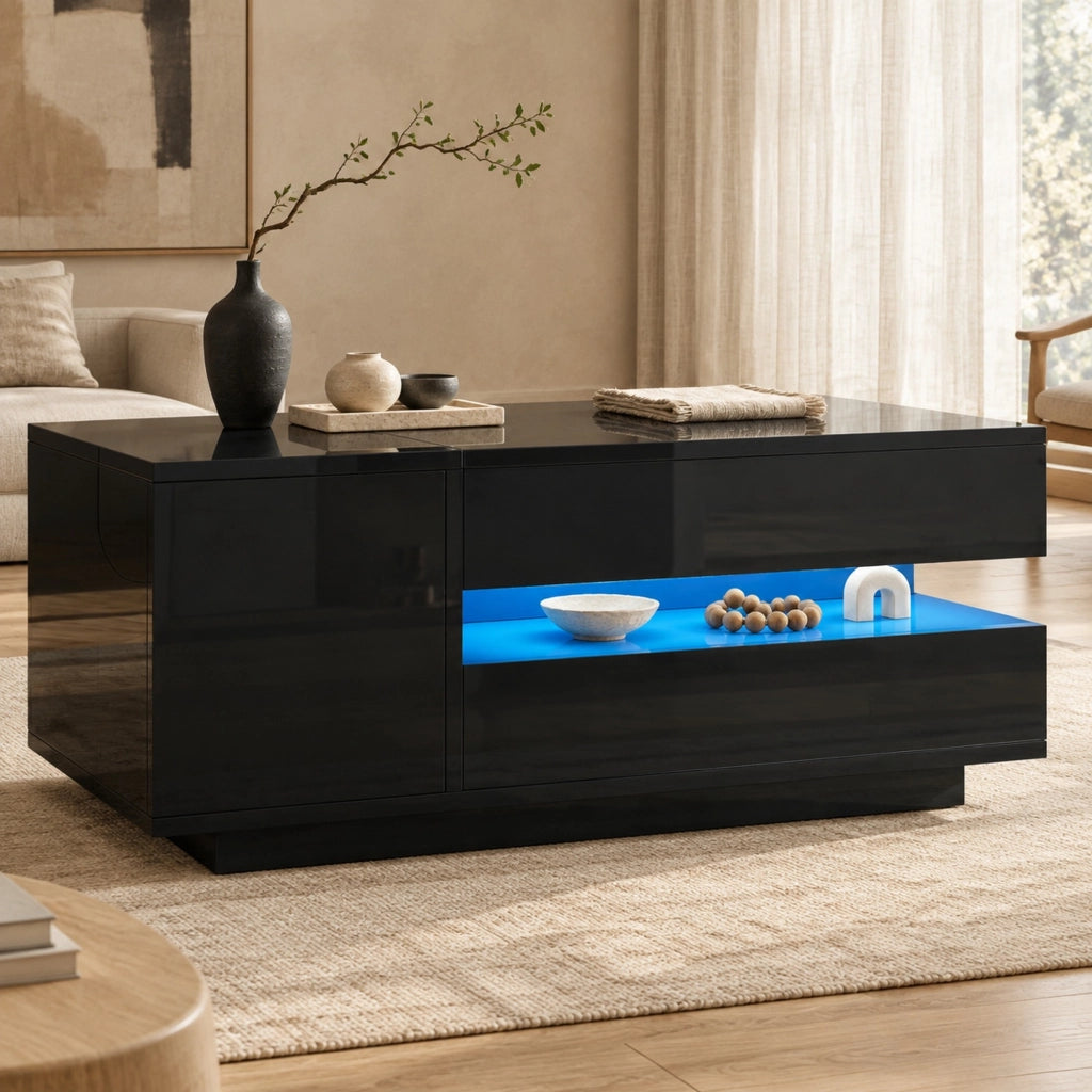 Tavolino da caff¨¨ elevabile 95x50 cm con LED, cassetto e vano in truciolare nero