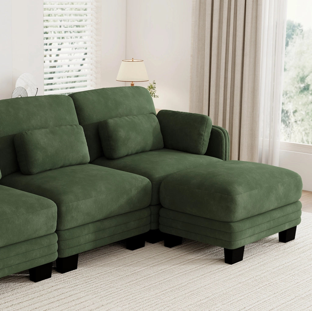 Divano modulare a U in chenille verde, 330x143x88 cm, con cuscini mobili e pouf