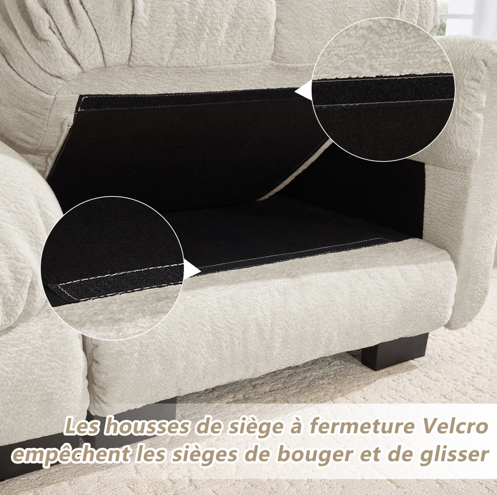 Divano 2 posti in chenille color kaki chiaro con pouf modulare e cuscini spessi