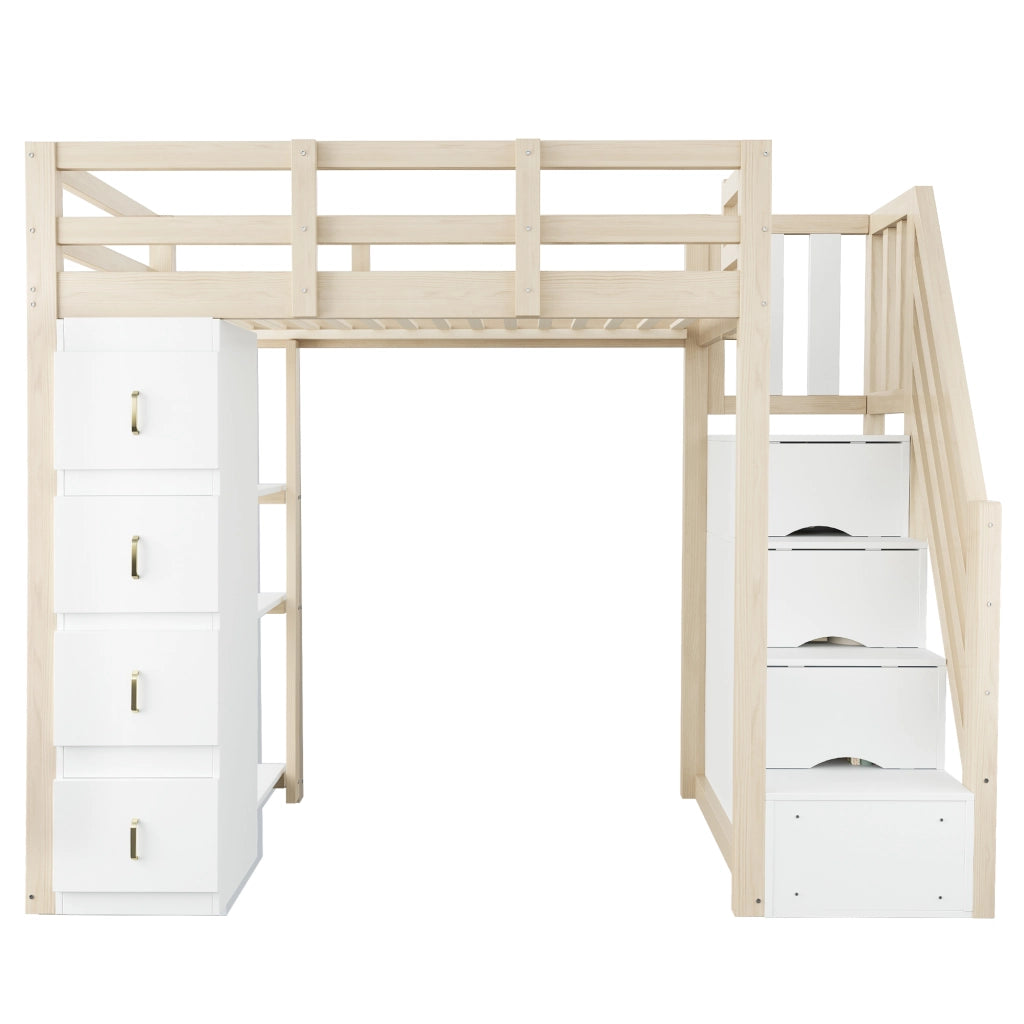 Letto a soppalco 90x200 cm in legno naturale con cassetti; ripiani e scala contenitore