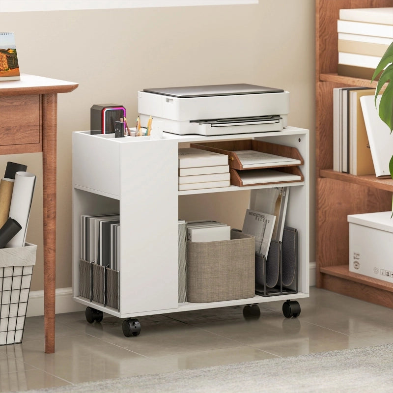 MOBILETTO Portastampante 70 x 34 x 60 cm Bianco in Legno con Ripiani e Ruote