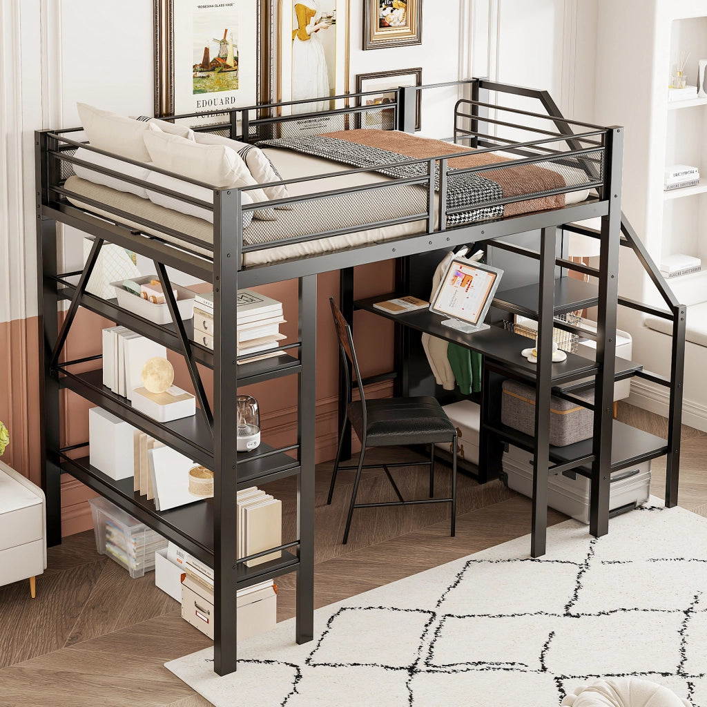 Letto a soppalco 140 × 200 cm con scrivania armadio scaffale a tre livelli scale reversibili in metallo nero