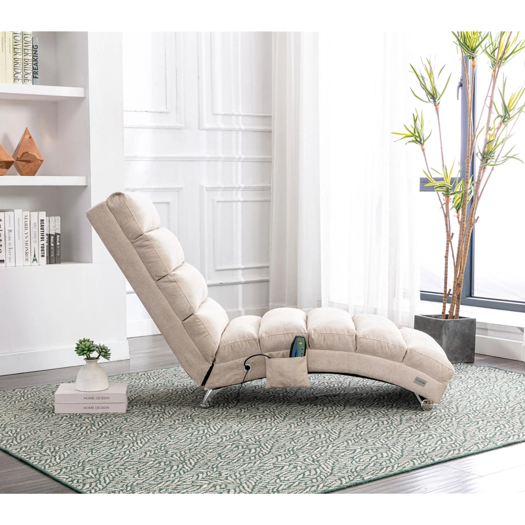 Poltrona massaggiante reclinabile in lino beige; 55x148x84 cm; con tasca laterale
