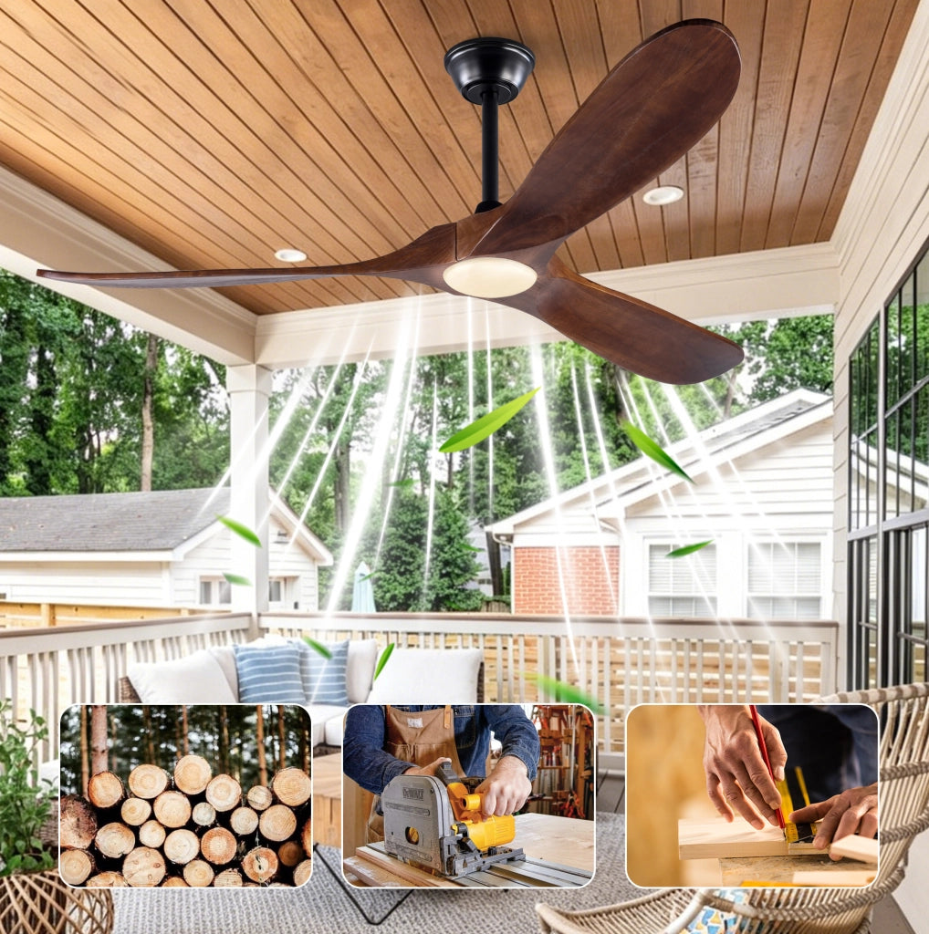 Ventilatore da 60 pollici con illuminazione LED regolabile, 3 pale in legno massello di noce, controllo remoto, 6 velocità e funzionalità reversibile