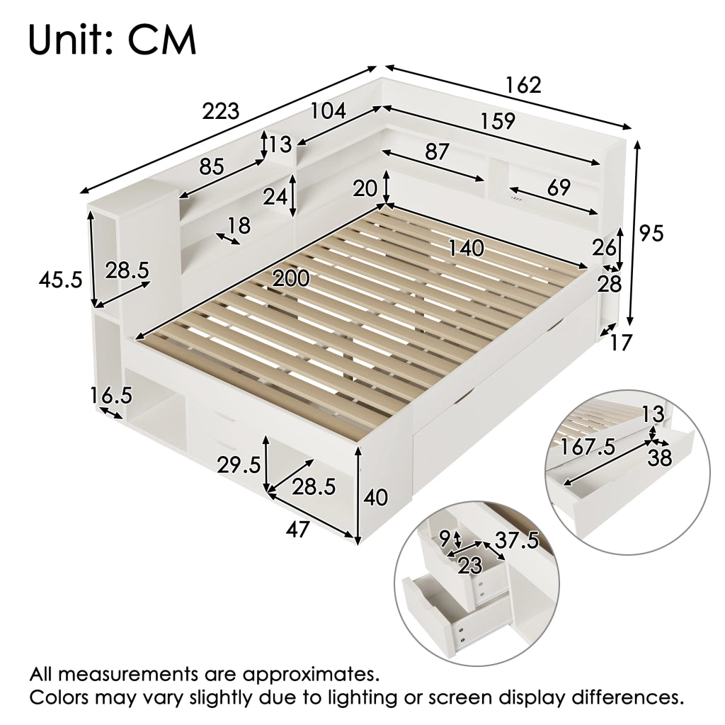Letto matrimoniale a piattaforma 140 × 200 cm in legno bianco con LED USB Tipo C cassetti e ripiani