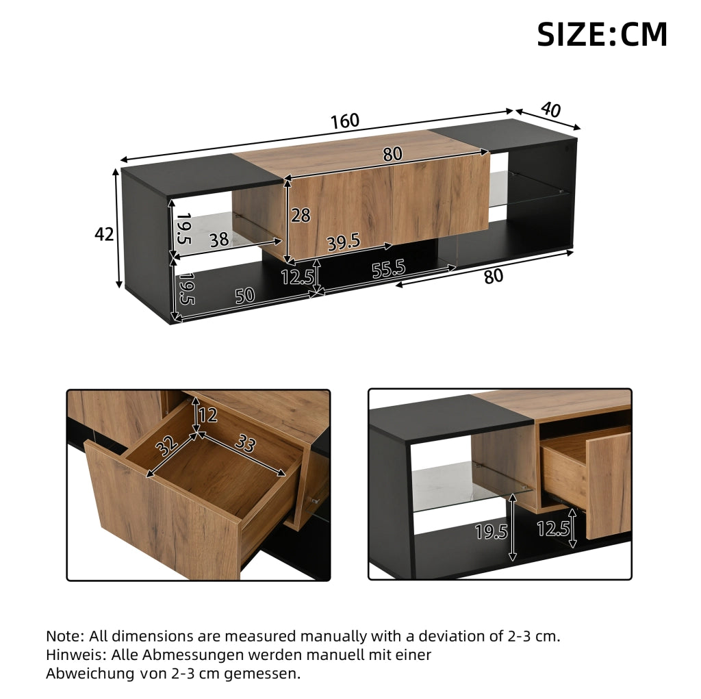 Mobile TV LED 160x40x42 cm in truciolato nero e naturale con contenitore