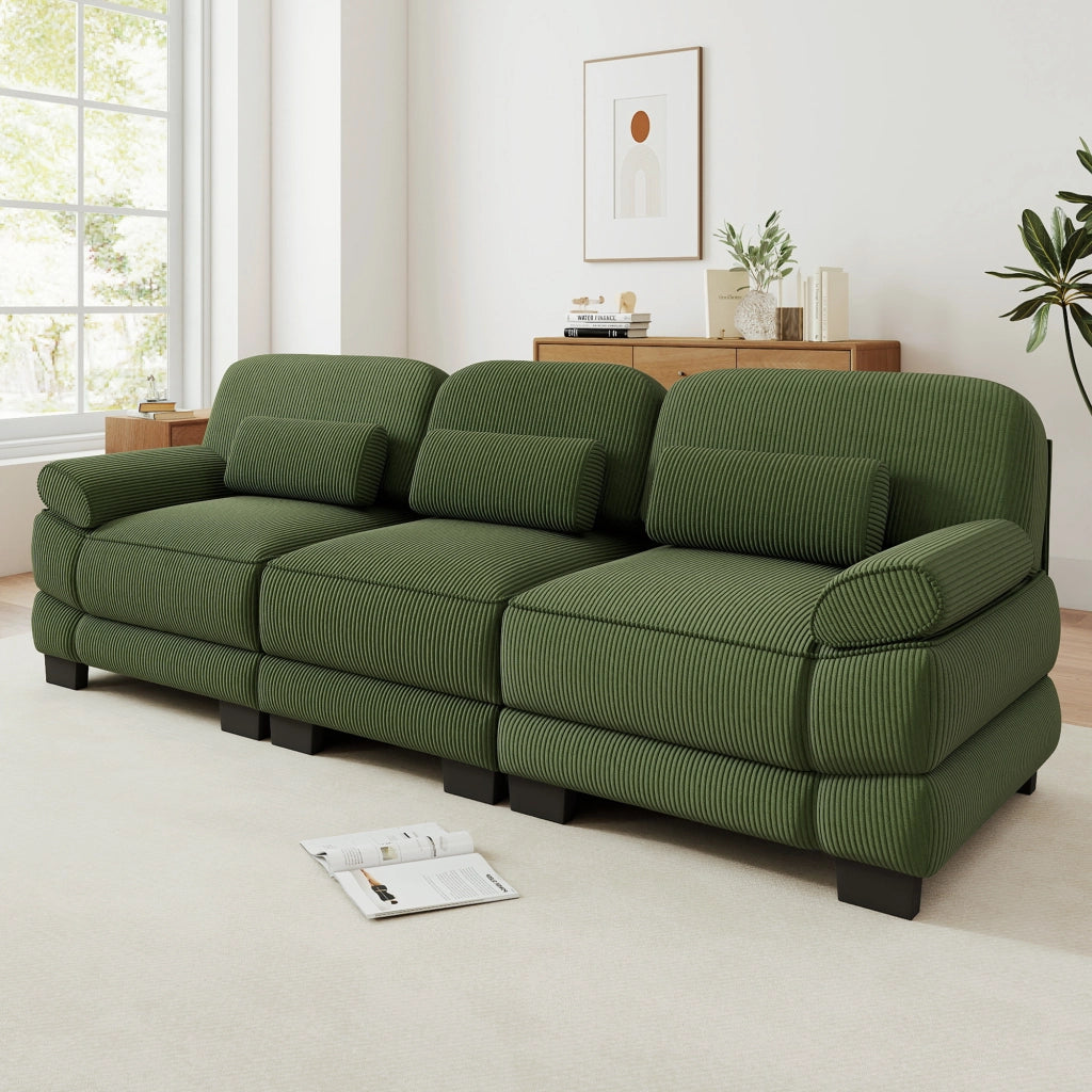 Divano modulare verde in velluto a coste; configurazione flessibile; 265 x 88;5 x 94 cm