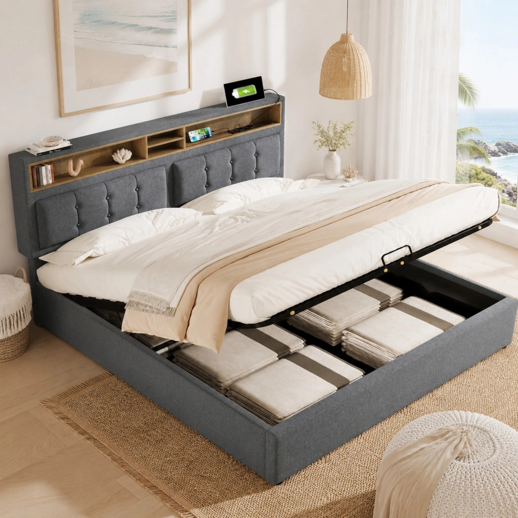 Letto imbottito 160 x 200 cm grigio con contenitore, prese e USB-C