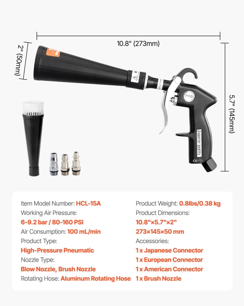 Pulitore ad Aria Compressa HCL-15A 6-9,2 bar con Tubo Rotante in Alluminio 2 Ugelli 1/4 NPT Ergonomico per Officina e Fai da Te