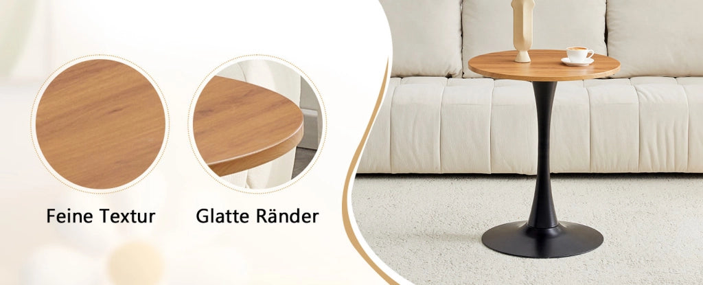 Tavolino tondo MDF 60 cm con piano termoformato effetto legno e base nera