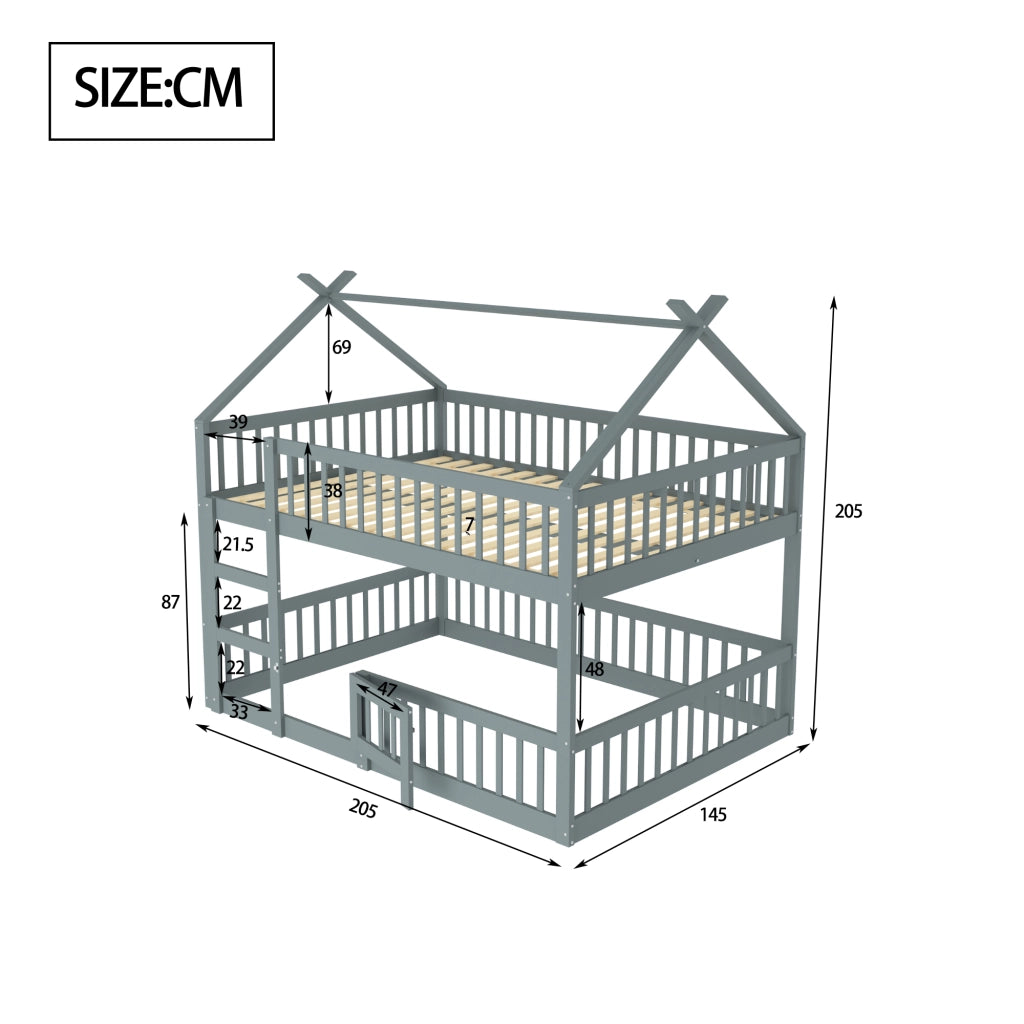 Letto a castello per bambini 140 × 200 cm con scala in legno grigio porta apribile e sponde alte