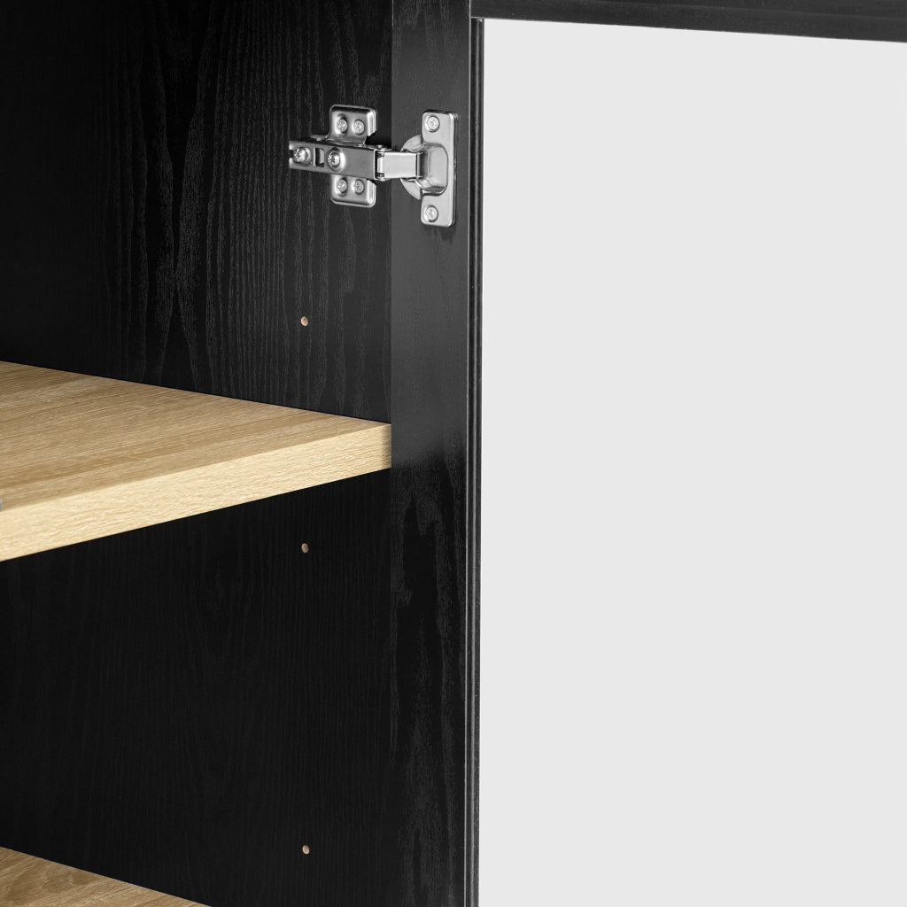 Credenza nera con ante in vetro trasparente; ripiani regolabili e cassetti 76.2 × 40.1 × 180 cm