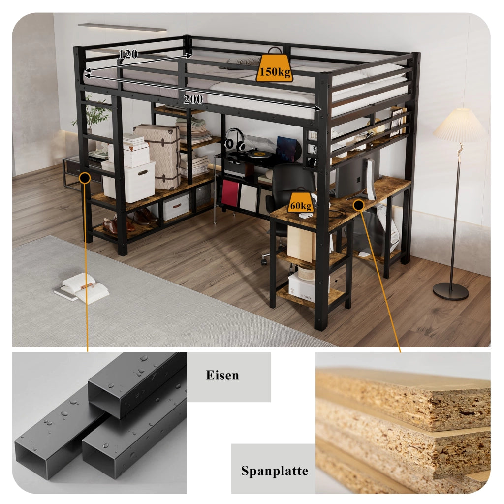 Letto a soppalco per bambini 120 × 200 cm con scrivania ripiano scala a 4 gradini metallo nero noce scuro
