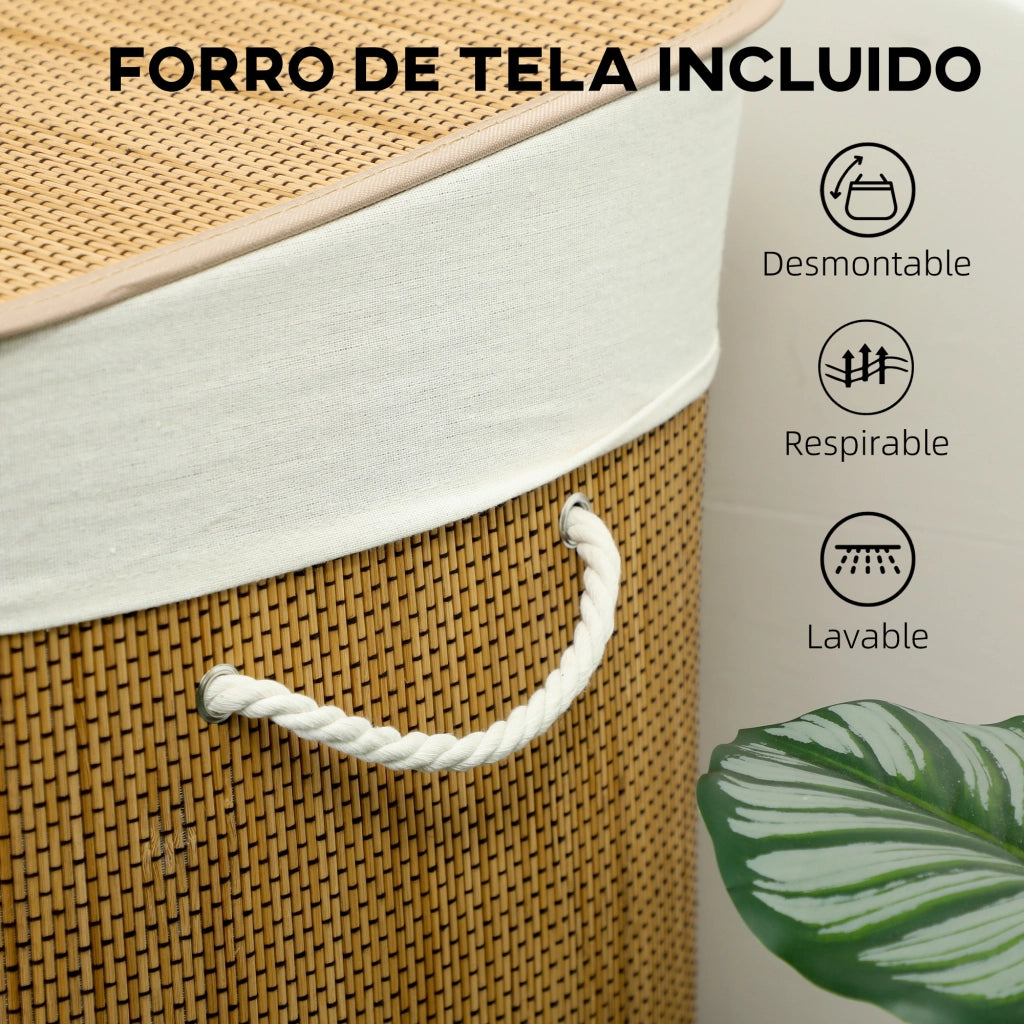 Cestino Lavanderia 144L Bamb¨´ con 3 Scomparti e Maniglia ¨C Minimal ¨C 60x40x60 cm Marrone