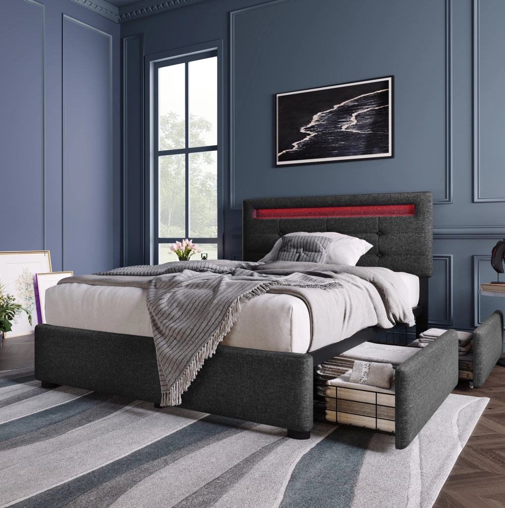 Letto imbottito 90 x 200 cm grigio con LED e 2 cassetti