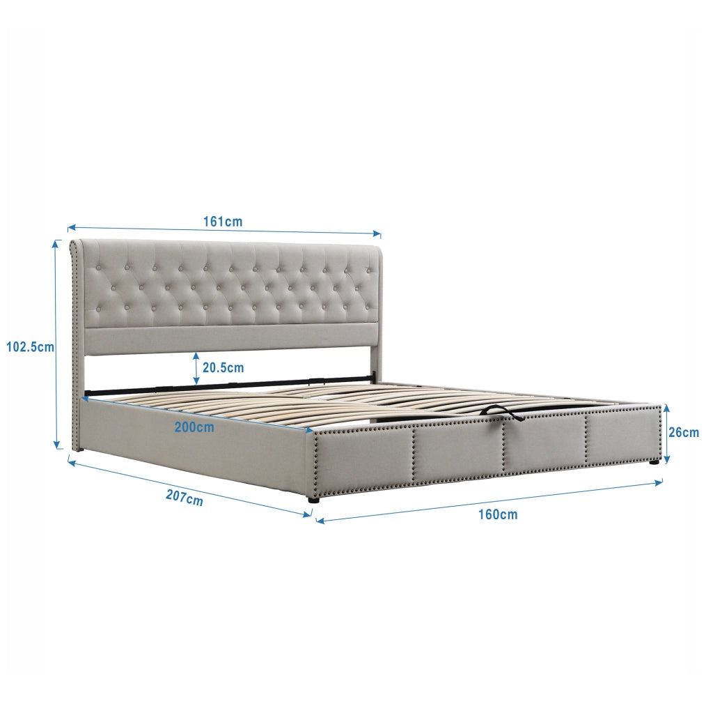 Letto imbottito 160x200 cm con vano contenitore e rivestimento in cotone-lino grigio