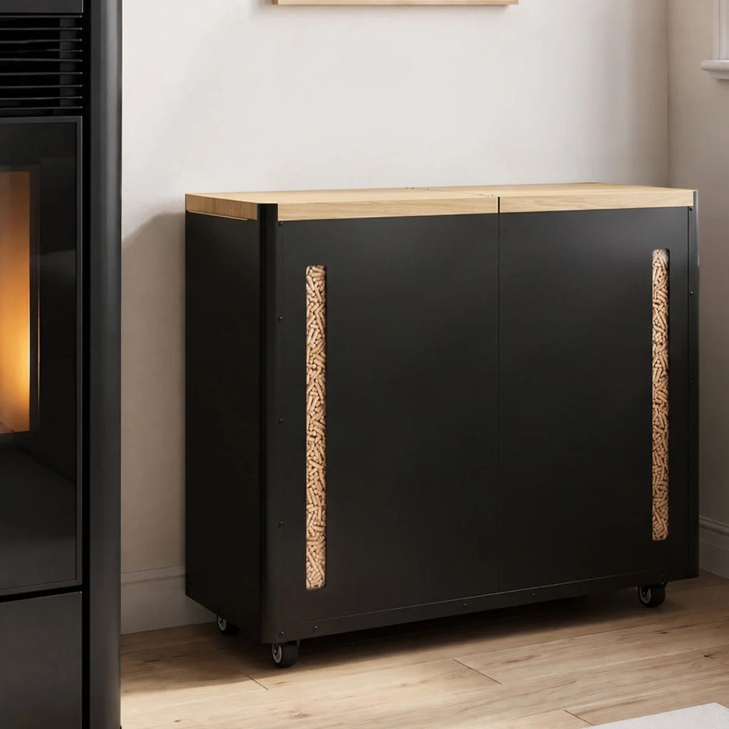 IDMarket - Doppio serbatoio per pellet da 60 kg, nero, e mobile porta-pellet e accessori, 73 x 30 x 60 cm