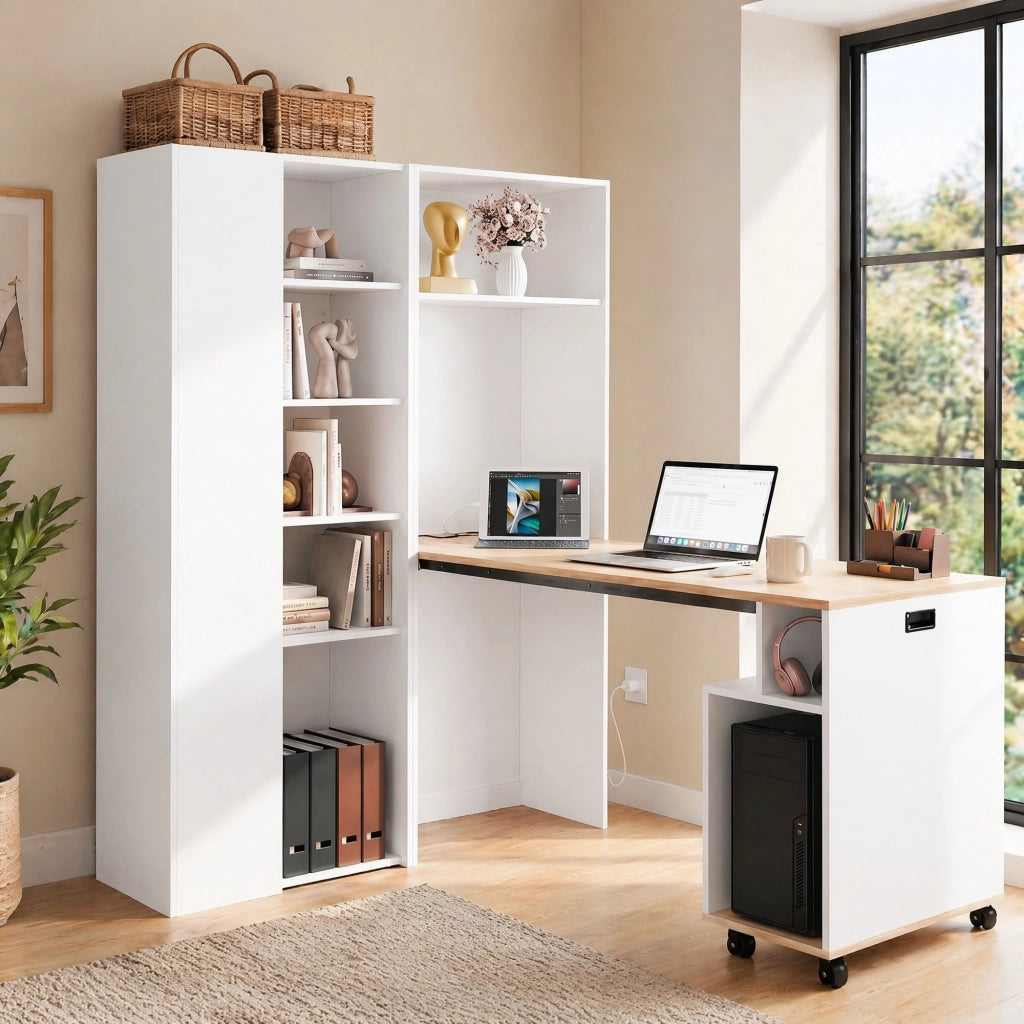 Scrivania pieghevole con libreria presa UE USB ripiani regolabili MDF bianco 104.5 × 30.5 × 160 cm