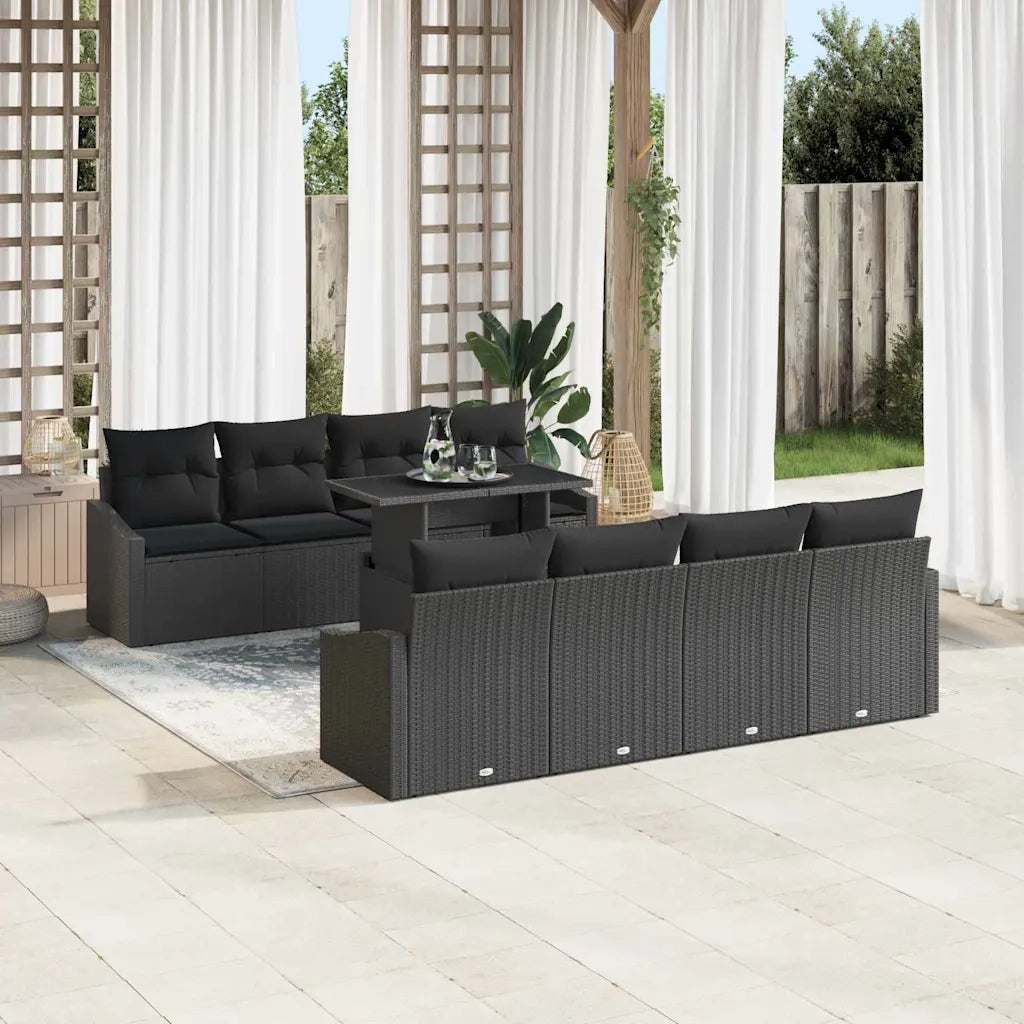 Set Divano da Giardino con cuscino 9 pcs Nero polyrattan