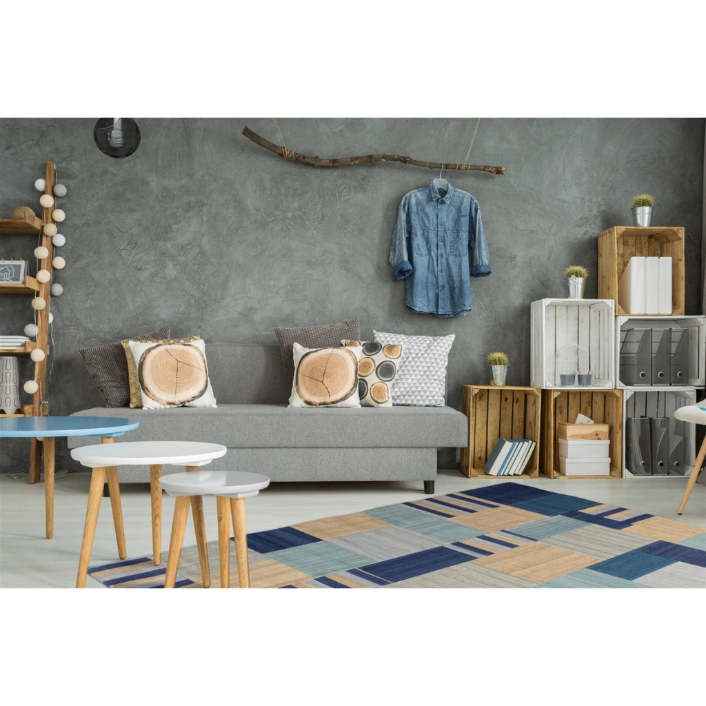 Tappeto Kilim Intenso 300 in Lana e Cotone Blu e Beige