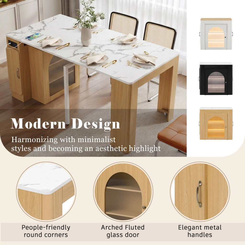 Tavolo allungabile con tre piani; LED e presa USB Type-C in MDF e vetro; naturale