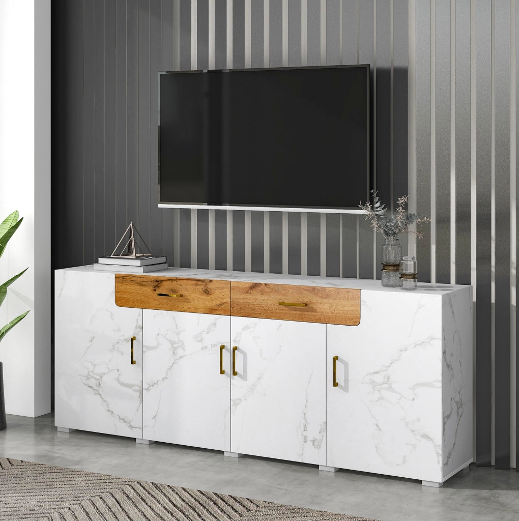 Credenza moderna bianca effetto marmo, 208 x 39,5 x 80 cm