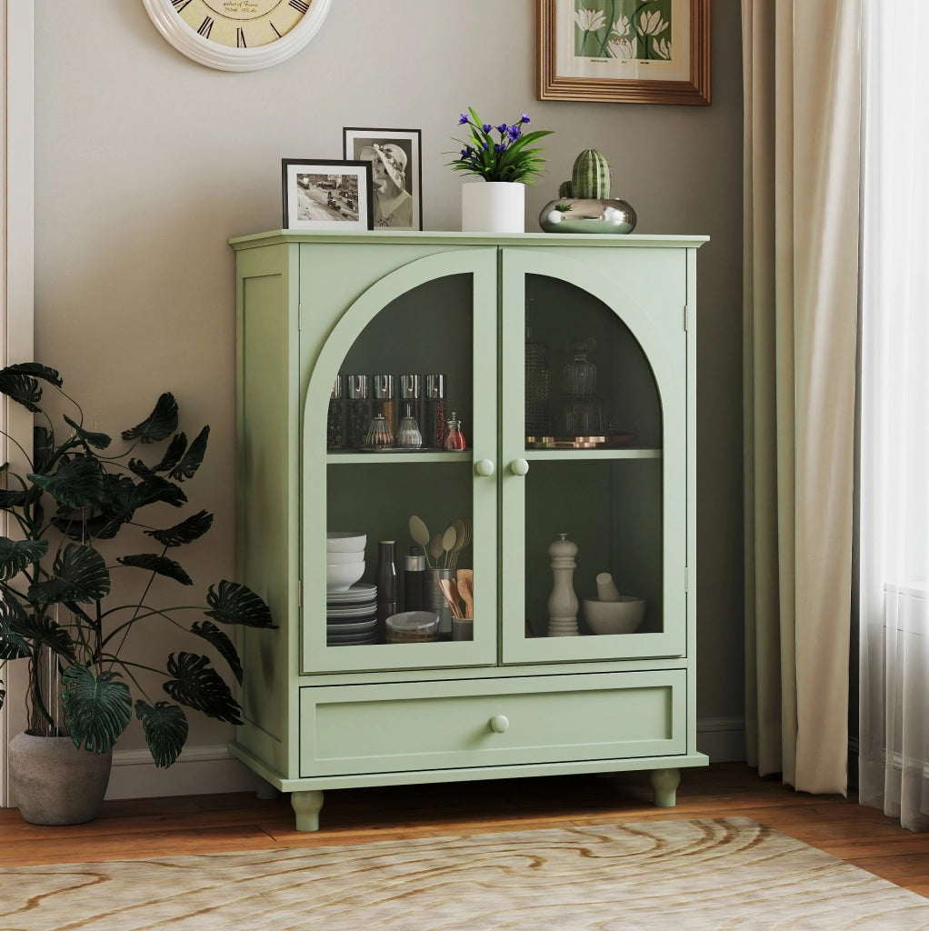 Credenza in Legno Farmhouse con Ante Arcuate in Vetro 71 x 38 x 98.5 cm Verde Menta per Cucina e Soggiorno