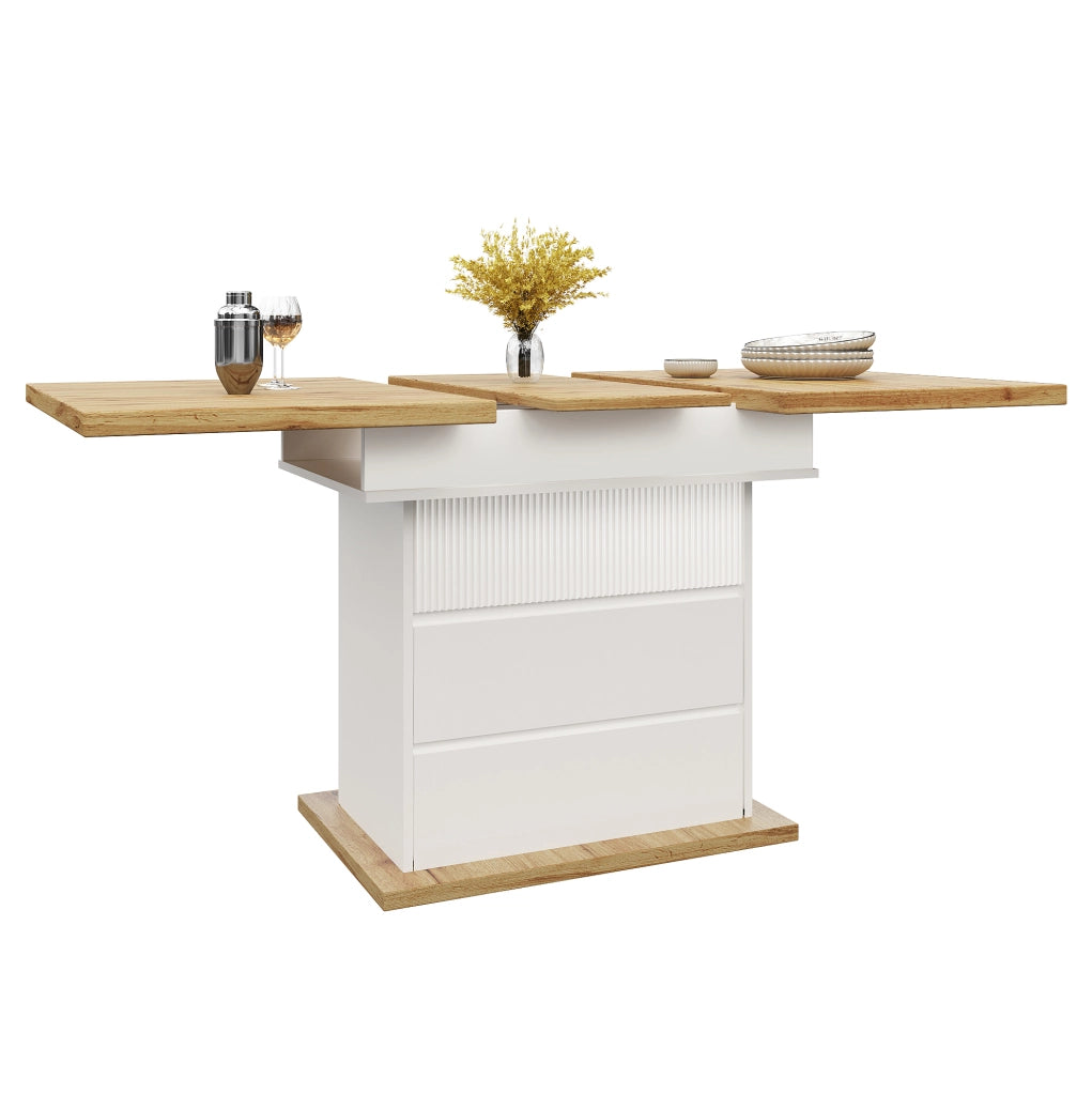 Tavolo da pranzo estensibile 110-140x80 cm in MDF bianco e naturale, 4-6 posti