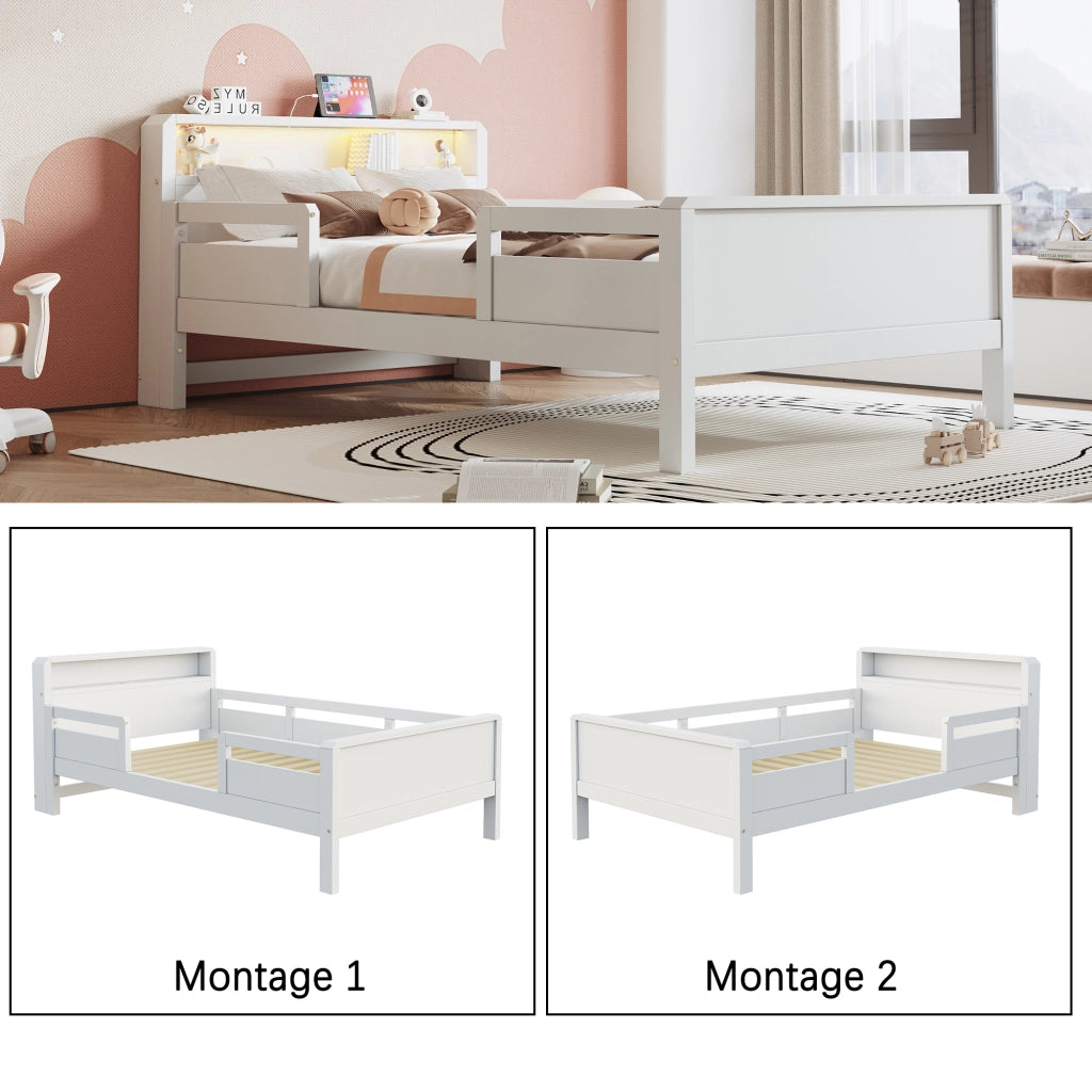 Letto per bambini 90 x 200 cm con contenitori, LED e USB/USB-C, letto singolo in pino bianco con ripiano di testiera e sponde di sicurezza