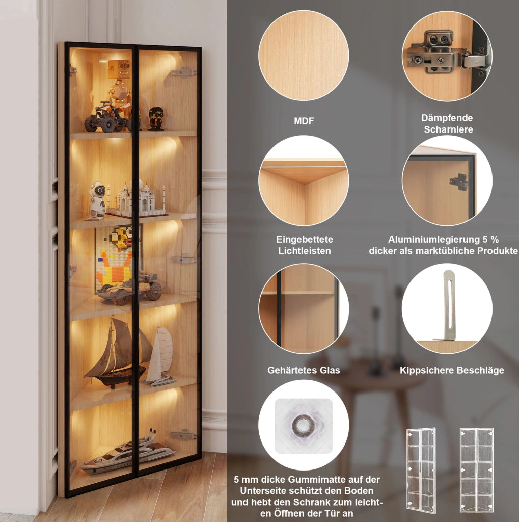 Vetrina angolare 62x35x160 cm con LED; vetro temperato e MDF effetto rovere