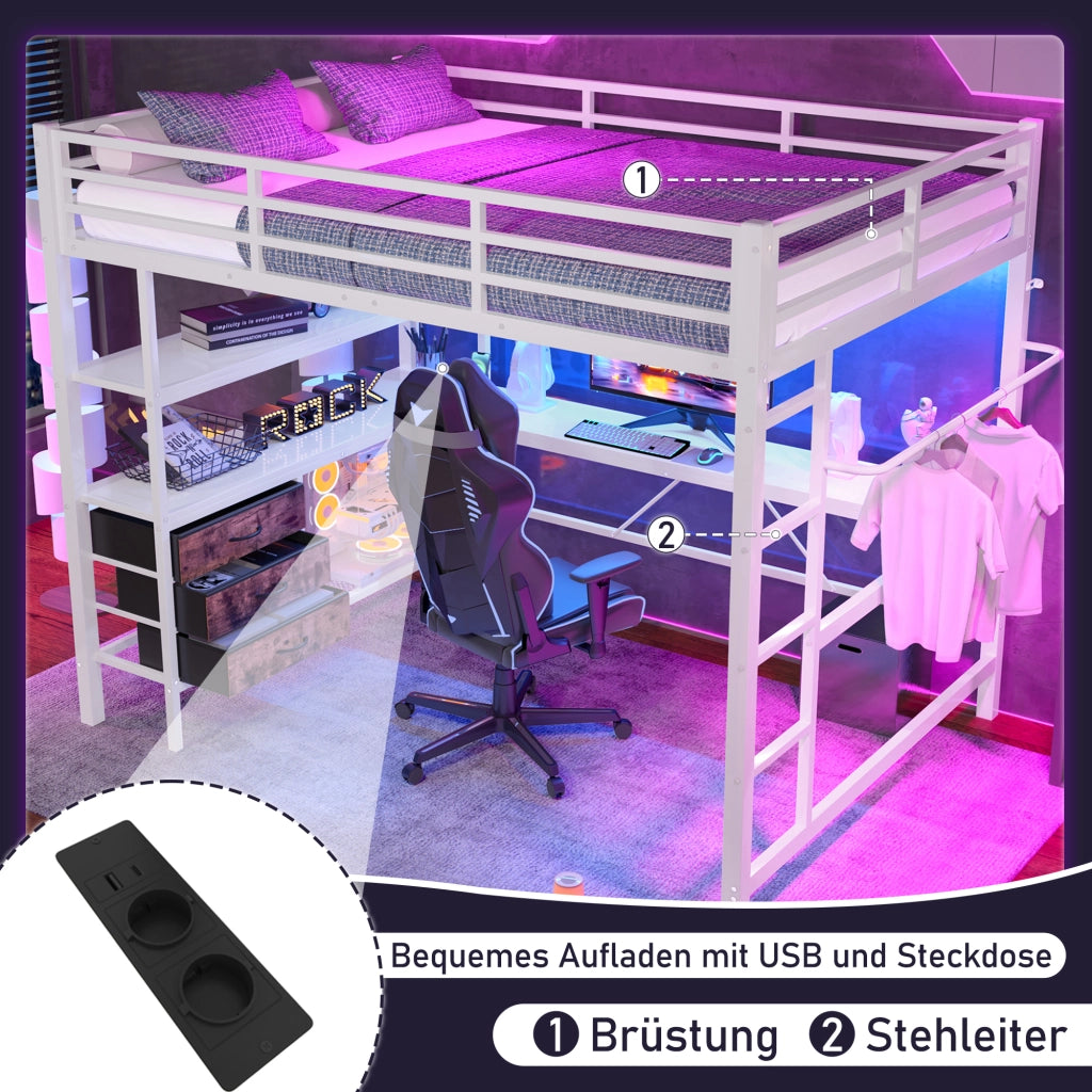 Letto a castello 140x200 cm con LED, scrivania, presa e USB, 3 cassetti, ripiani, sponde, scala, senza materasso - Bianco