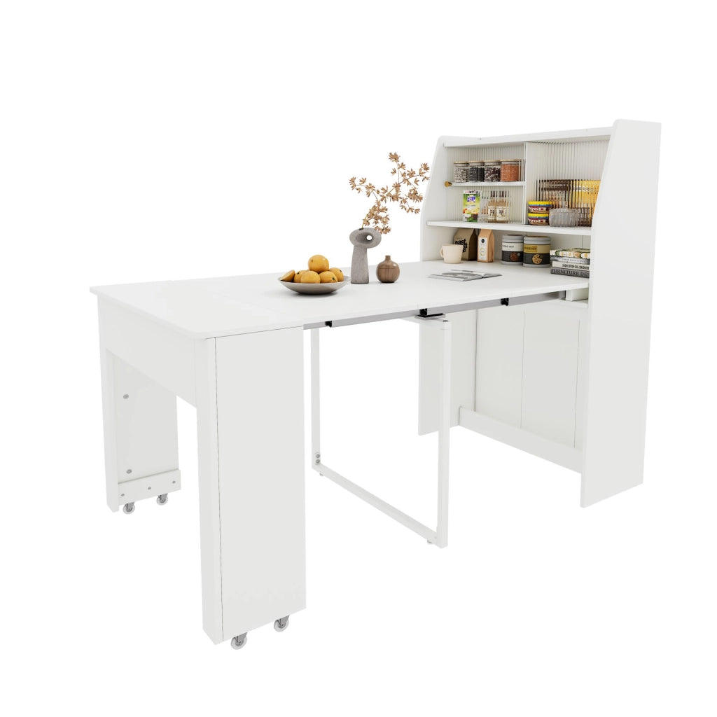 Tavolo da pranzo allungabile bianco con vano contenitore e ripiani per ottimizzare lo spazio